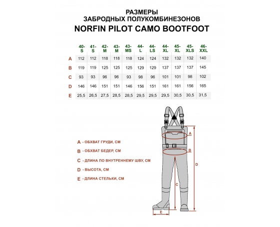 Полукомбинезон заброд. Norfin PILOT CAMO BOOTFOOT р.44-L с сапогами резина